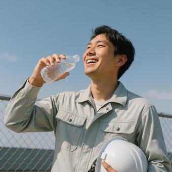 休憩で爽やかに水を飲む男性の写真