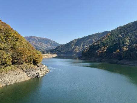 秋晴れの九頭竜湖　紅葉の山肌 土木遺産,建造物,夢のかけはしの写真素材