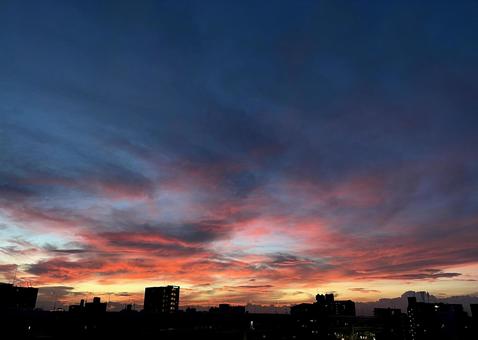 赤く染まった夕日の写真