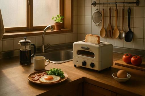 トースターで調理する朝食風景 トースターで調理する朝食風景の写真