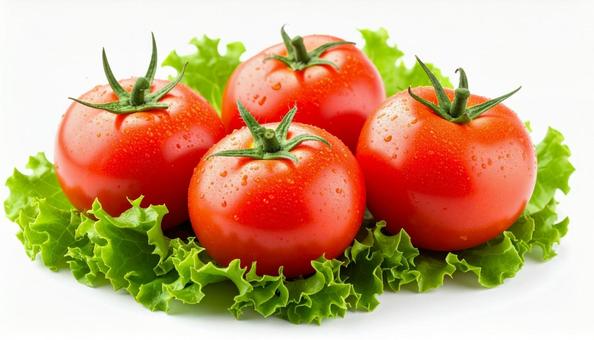 レタスに包まれたトマト　白背景　ヘタ付きの写真