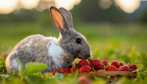 苺を食べるウサギの写真