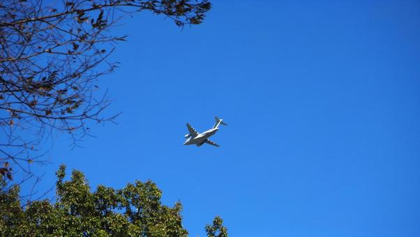 Blue sky, autumn sky, leaves that have begun to color, airplanes, Sayama city, parks, blue sky, autumn sky, sunny sky, JPG