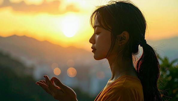山で瞑想する女性 山で瞑想する女性の写真