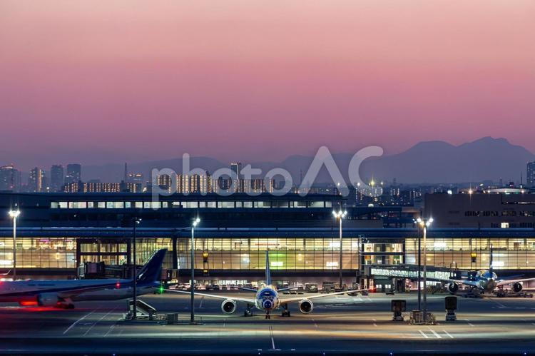 夜の空港ターミナルと駐機する旅客機 空港,夜,夜景の写真素材