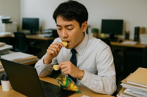 スナックを食べながら仕事する男性 スナックを食べながら仕事する男性の写真