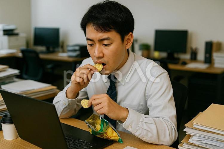 スナックを食べながら仕事する男性 オフィス,男性,スナックの写真素材