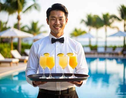 お飲み物をお持しました・リゾートスタッフ お飲み物をお持しました・リゾートスタッフの写真