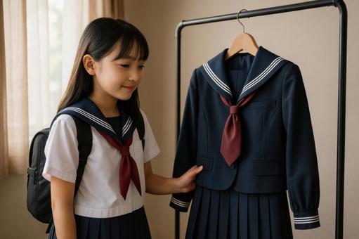 入学式の制服を眺める小学生 入学式の制服を眺める小学生の写真