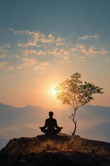 日の出(夕日)の山頂で瞑想する男性 日の出(夕日)の山頂で瞑想する男性の写真