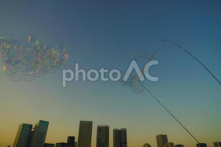シャボン玉と夕景（東京都豊洲） シャボン玉,夕方,夕景の写真素材