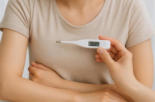 体温計とお腹お抑える女性の写真
