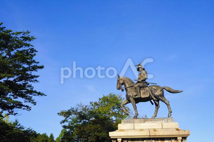 伊達政宗騎馬像 宮城県観光  伊達政宗,銅像,像の写真素材