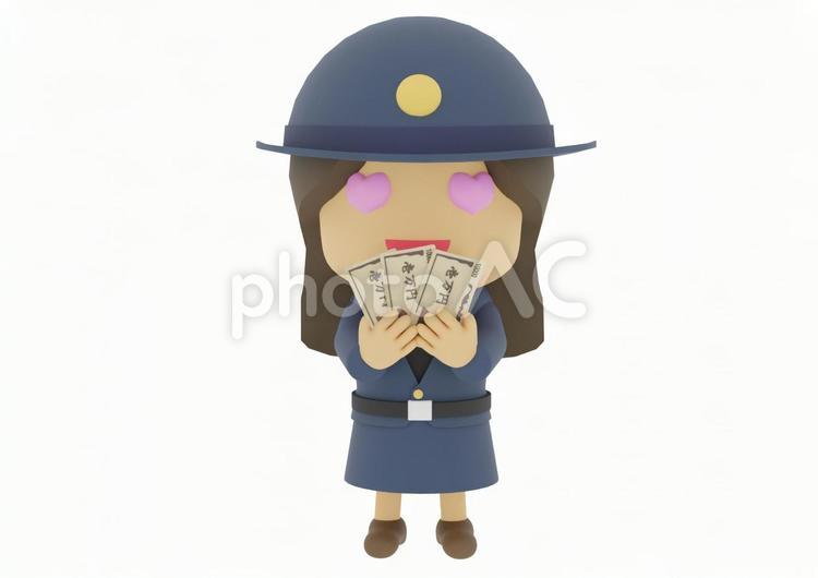 お金を見て目がハートの若い警察官の婦警 欲望,お金持ち,金満家の写真素材