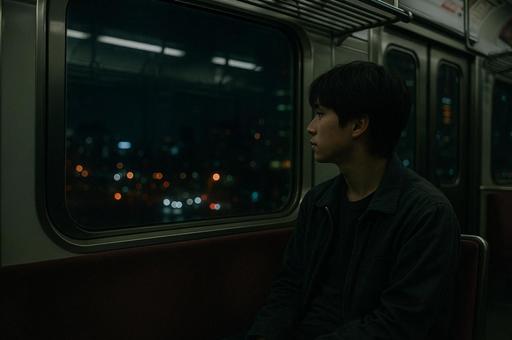 車内から夜景を見つめる男性 車内から夜景を見つめる男性の写真