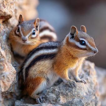 自然の岩の上にいる二匹のシマリス 自然の岩の上にいる二匹のシマリスの写真