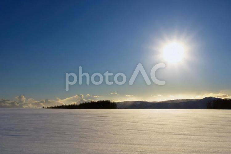 雪原を照らす冬の太陽、輝く大地と空 冬,雪,太陽の写真素材