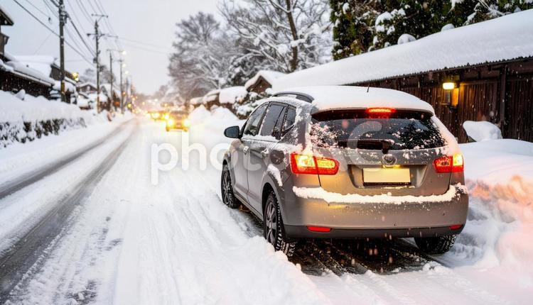 大雪が降った翌日の朝の道路を進む自動車 自動車,道路,窓の写真素材
