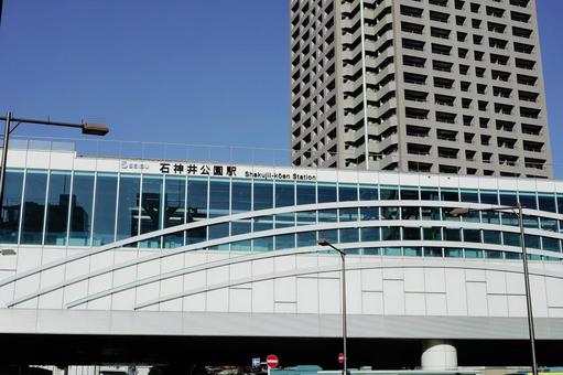 石神井公園駅 青空,ビル,都市風景の写真素材