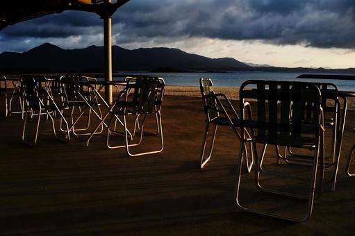 <Material> Dining area and the sea at the beach hut at dawn, JPG