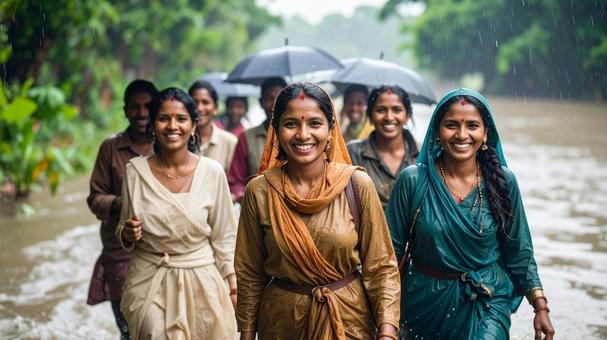 豪雨の中のインドの女性達 イメージ 豪雨の中のインドの女性達 イメージの写真