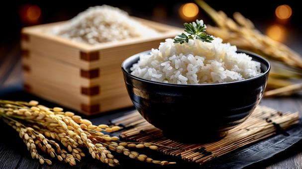 白ご飯と収穫したての米と稲穂 白ご飯と収穫したての米と稲穂の写真