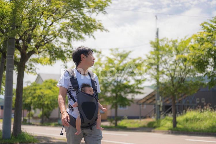 親子の散歩(その２) 父親,パパ,抱っこ紐の写真素材