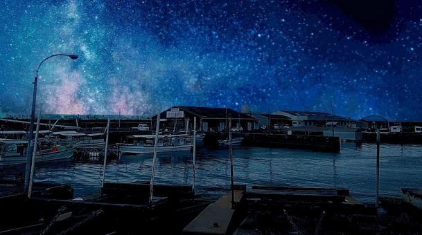 漁港の夜 漁港の夜 星空,夜空,海の写真素材