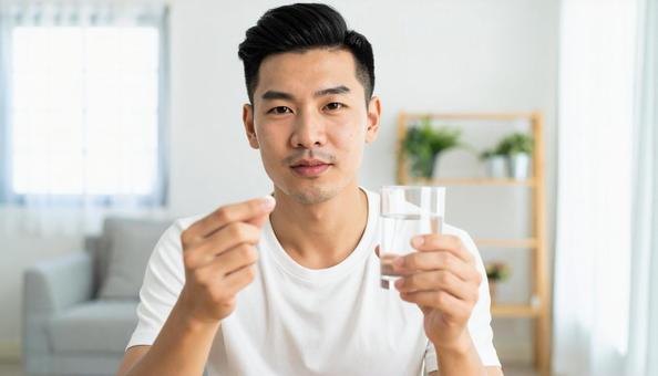 薬を飲む男性 薬を飲む男性の写真