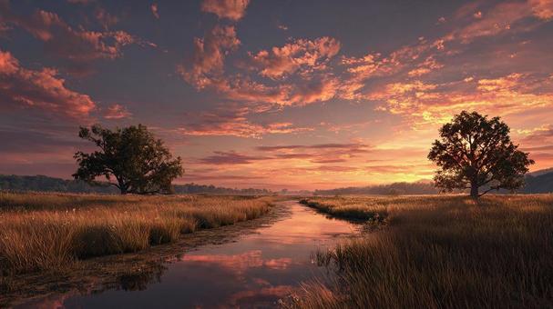 水辺に沈む夕日の絶景 水辺に沈む夕日の絶景の写真