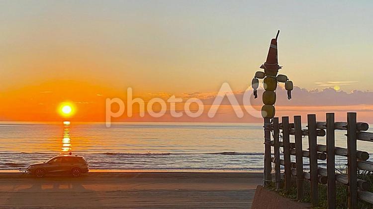 夕暮れの千里浜海岸　浜辺のドライブ：4 海,千里浜,きれいな海の写真素材