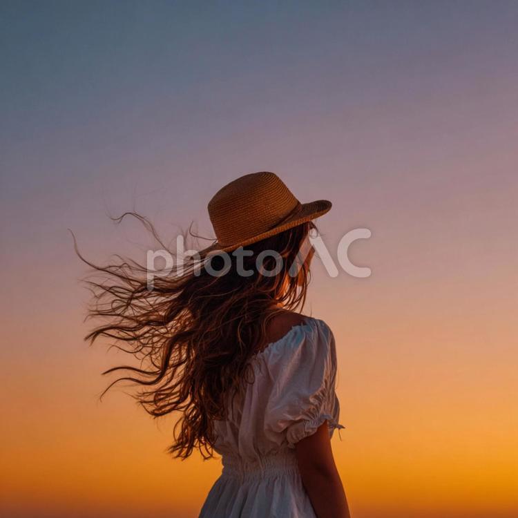 穏やかな夕焼け空を見上げる女性 女性,後姿,髪の写真素材