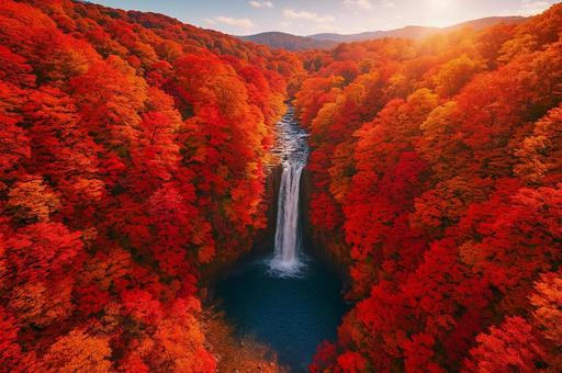 ドローン視点の紅葉の滝 パノラマ ドローン視点の紅葉の滝 パノラマの写真