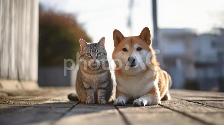 仲良しな柴犬と虎猫 犬,猫,柴犬の写真素材
