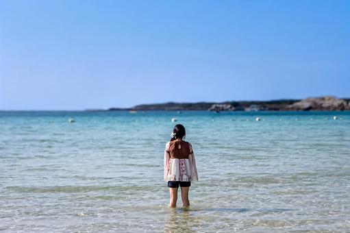 <素材>夏の晴れた海を旅する女性の後ろ姿 <素材>夏の晴れた海を旅する女性の後ろ姿 女性,海,空の写真素材