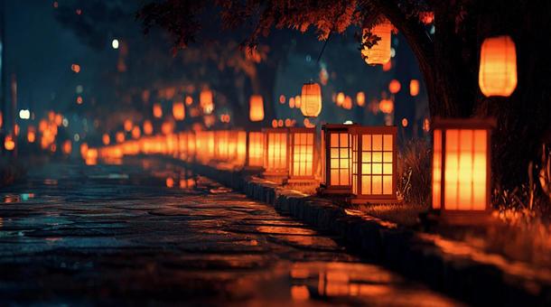 秋祭りのちょうちん並ぶ夜景 秋祭りのちょうちん並ぶ夜景の写真