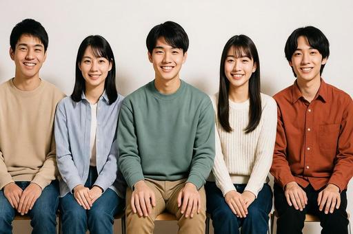 5人の学生が椅子に座りカメラ目線の若者の写真