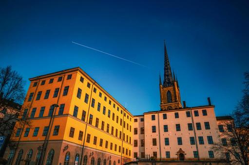 教会の尖塔と建物 ストックホルム,スウェーデン,教会の写真素材