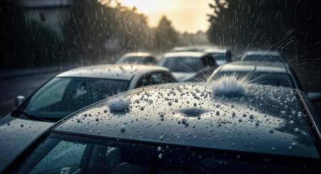 激しい嵐で車の屋根に降り注ぐ大粒の雹 激しい嵐で車の屋根に降り注ぐ大粒の雹の写真