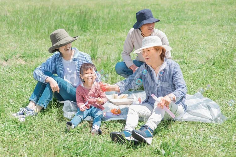 公園でピクニックするアジア人の三世代家族 三世代家族,家族,ピクニックの写真素材