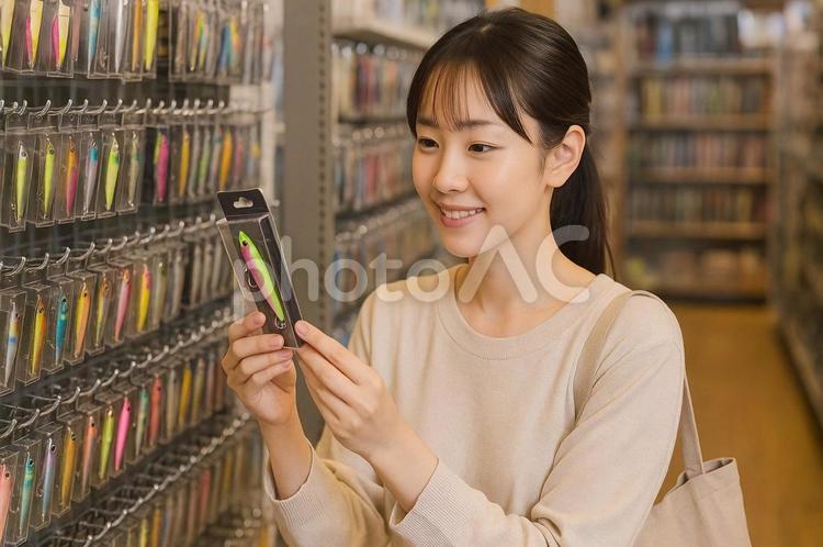 釣具店でルアーを選ぶ釣り好きの若い女性 釣具店,ルアー,女性の写真素材