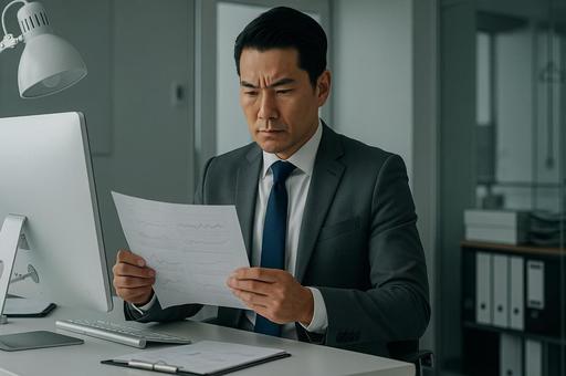 決裁書類を確認する日本人男性 決裁書類を確認する日本人男性の写真