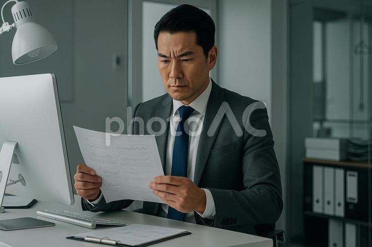 決裁書類を確認する日本人男性 ビジネスマン,スーツ,男性の写真素材