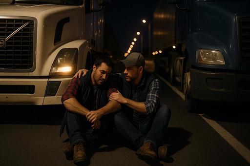 夜道で寄り添うトラック運転手の写真