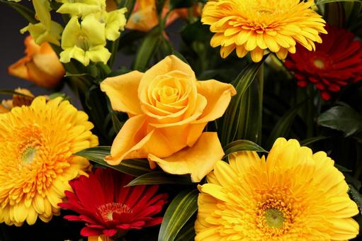 黄色メインの花束　 花,花束,バラの写真素材