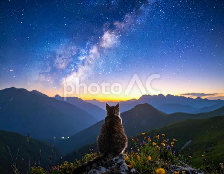 天の川と猫 空,夜,七夕の写真素材