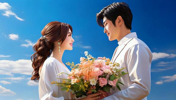 A man gives a woman a bouquet of flowers, propose, bouquet, casual wedding, JPG