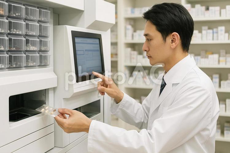 薬局自動分包操作　薬剤師と自動分包機 薬剤師,自動分包機,調剤の写真素材