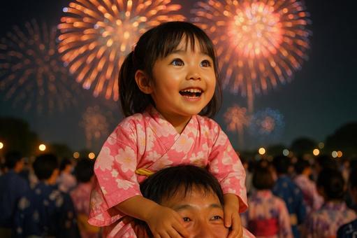 肩車で花火を見る親子 肩車で花火を見る親子の写真