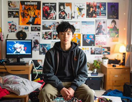 推し部屋で過ごす青年 推し部屋で過ごす青年 サブカルチャー,男子中学生,男子高校生の写真素材